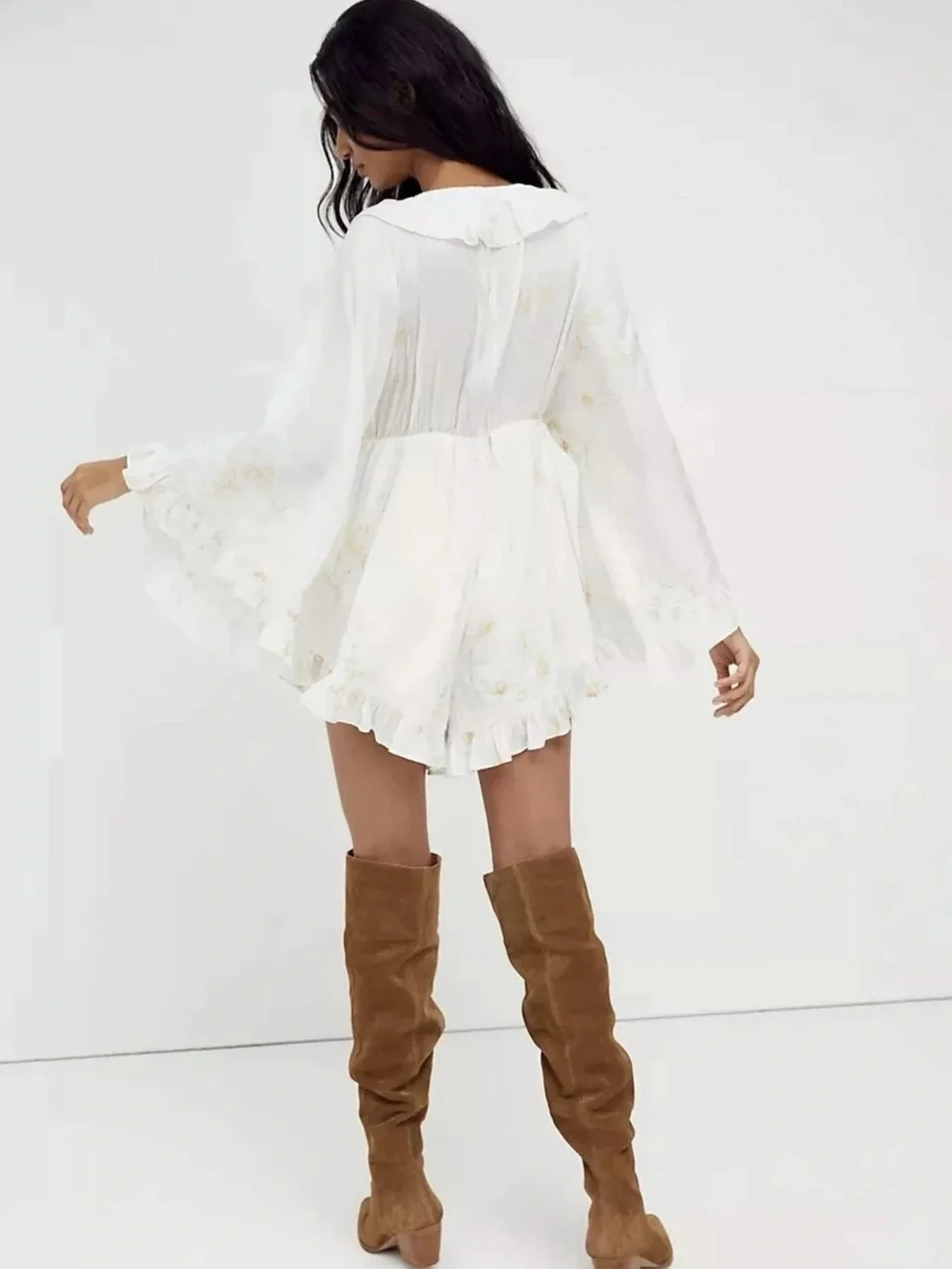 Free People White Ruffled Tie-Front Romper with Gold Accents